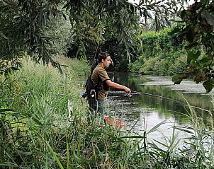 Vissen in de groene omgeving van Huisje in Drimmelen, vakantiehuis in Noord Brabant aan een beek.