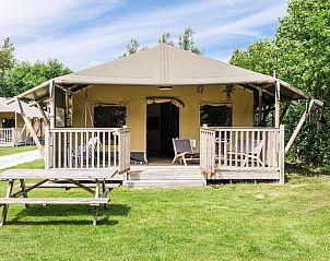 Strandtent 8 personen in Julianadorp, Noord-Holland, biedt een glamping ervaring met een ruime veranda en uitzicht op de groene omgeving.