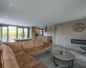 Luxe woonkamer in Wellness Villa Lotje, vakantiehuis in Julianadorp, met open haard en moderne inrichting.