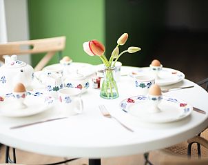 Stylish kitchenette in vacation home Typical Dutch 4, Callantsoog, North Sea coast, with colorful crockery and fresh radishes.