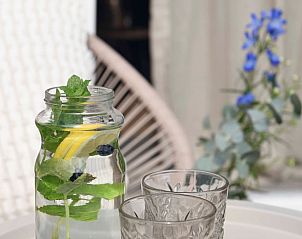 Verfrissend drankje op het terras van Vakantiehuisje in Callantsoog, Noord-Holland, met uitzicht op bloemen.