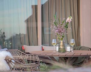 Stijlvol terras bij Vakantiehuisje in Callantsoog, Noordzeekust, Noord-Holland met bloemen en wijn, ideaal voor ontspanning.