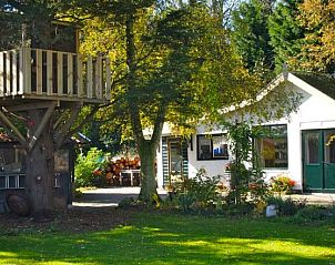 Cozy garden with tree house at Duinroos Cottage, a vacation home in Egmond aan den Hoef, North Sea coast, North Holland.