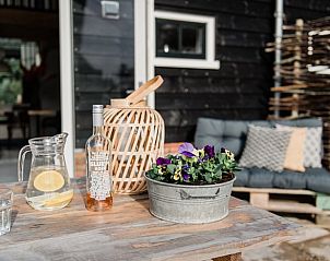 Ontspannen sfeer op het terras van Vakantiehuis in Burgerbrug met drankjes en bloemen, Noordzeekust.