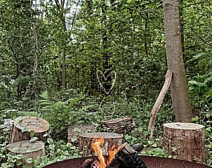 Buitenruimte met kampvuurplaats in Vakantiehuisje in Schagerbrug, Noordzeekust, Noord-Holland.