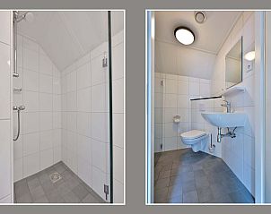 Badkamer en toilet op bovenverdieping in vakantiehuis Julianadorp aan Zee.