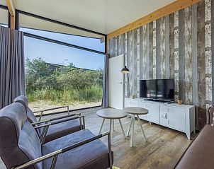 Gezellige woonkamer in Sea House Royal vakantiehuis, Overveen, Noordzeekust met modern interieur en uitzicht op de natuurlijke omgeving.