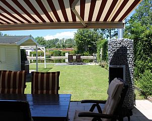 Uitzicht vanuit de overdekte patio van Visvriend vakantiehuis in Wervershoof, Noord-Holland met tuin en water.