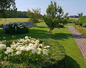 Prachtige tuin bij Huisje in Oudesluis, vakantiehuis in Noord-Holland, met bloemperken en wandelpaden.