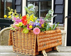 Bloemenmand op terras van Vakantiehuis in Oudesluis, Noord-Holland voor een kleurrijke sfeer.