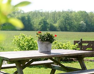 Picknicktafel in de tuin van Vakantiehuisje in Oudesluis, Noord-Holland, met uitzicht op groene velden.
