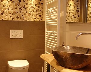 Moderne badkamer in Huisje in Schoorl, vakantiehuis in Noord-Holland met stijlvolle wastafel en mozaek wanddetails.