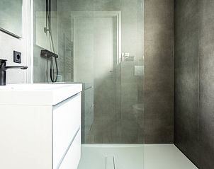 Modern bathroom in Module Special 6-person Wellness vacation home, Berkhout, North Holland, with stylish shower and sink.