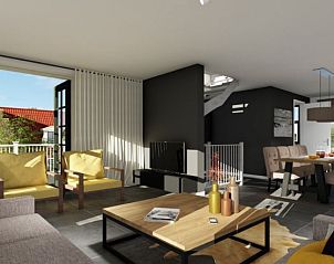 Gezellige binnenruimte van vakantiehuis bij RESORT POORT VAN AMSTERDAM, Uitdam, met open deuren naar het terras.