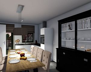 Stijlvolle eetkamer in vakantiehuis bij RESORT POORT VAN AMSTERDAM, Uitdam, met lange tafel en moderne inrichting.