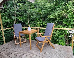 Terras van vakantiehuis in Broek in Waterland omgeven door groen.