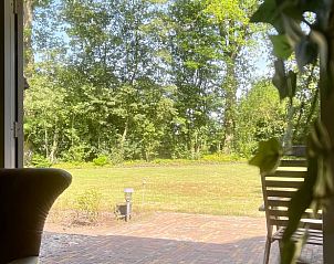 Uitzicht op de tuin vanuit Vakantiehuis in Den Ham, Twente, met terras.