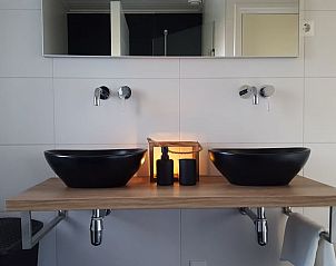 Stijlvolle badkamer met dubbele wastafel in vakantiehuis Hezingen, Twente.