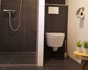 Moderne douche en toilet in vakantiehuis Hezingen, Twente, met strakke afwerking.