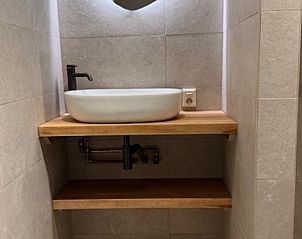 Moderne wastafel met houten plank in vakantiehuisje in Hezingen, Twente.