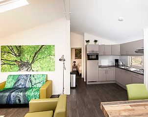 Lichte woonkamer met kunstdecor in vakantiehuisje in Hezingen, Twente, Overijssel.