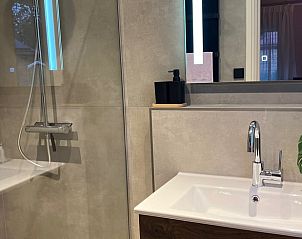 Moderne badkamer in Vakantiehuisje in Overdinkel met stijlvolle inrichting, gelegen in Twente, Overijssel.