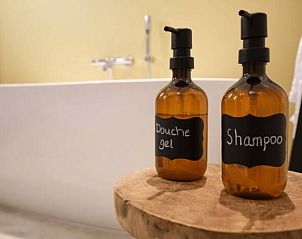 Luxe badkamer in Huisje in Reutum, vakantiehuis in Twente, Overijssel, met stijlvolle douchegel en shampoo naast een moderne badkuip.