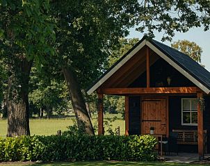 Rustiek houten huisje bij Huisje in Rijssen, vakantieaccommodatie in Twente, Overijssel, omgeven door groen.