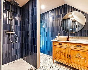 Moderne badkamer in Vakantiehuisje in Rijssen, Twente, Overijssel met luxe douche en houten wastafel.