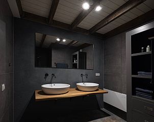 Moderne badkamer in Vakantiehuisje in Hengelo met dubbele wastafel en stijlvolle afwerking in Twente.