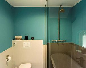 Stijlvolle badkamer in Design Lodge Twente vakantiehuis, Haaksbergen, Overijssel, met moderne douche en blauwe muren.