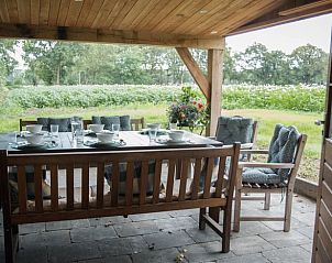 Geniet van de serene veranda bij Huisje in Diepenheim, een vakantiehuis in het groene Twente, Overijssel, met prachtig uitzicht op de natuur.