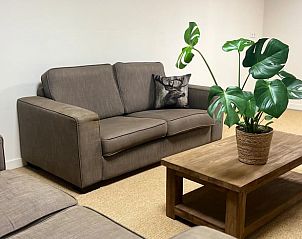 Comfortabele woonkamer in Vakantiehuisje in Enschede, Twente, met stijlvolle meubels en groene planten.