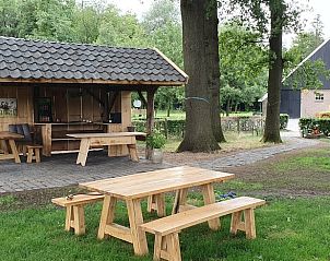 Gezellige buitenruimte met houten picknicktafels bij Huisje in Enschede, omgeven door natuur in Twente, Overijssel.