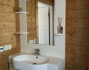 Stijlvolle wastafel in vakantiehuis in Markelo, Twente, Overijssel met houten muur.