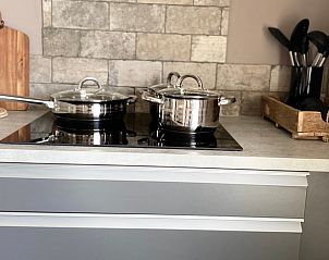 Stijlvolle keuken van Vakantiehuisje in Daarle, Twente, met kookplaat en pannen.