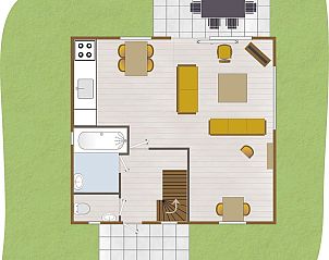Plattegrond van de begane grond van Boshuus Comfort, een vakantiehuis in Deurningen, Twente, met overzicht van keuken en woonkamer.