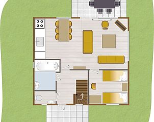 Plattegrond van de begane grond van Boshuus Comfort vakantiehuis, Deurningen, met open leefruimte.