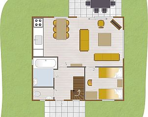 Plattegrond van de begane grond van Boshuus Comfort Plus vakantiehuis in Deurningen, Twente, met ruime indeling.