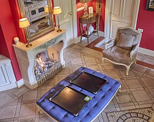 Gezellige woonkamer van Erve Het Klaashuis, vakantiehuis in Deurningen, Twente, met open haard en stijlvolle inrichting voor een warme sfeer.