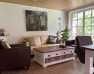 Gezellige woonkamer in Vakantiehuisje in Holten, Overijssel met comfortabele zithoek en grote ramen die uitzicht op de natuur bieden.