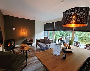 Gezellige woonkamer in Vakantiehuis in Holten, Salland, Overijssel met moderne inrichting en uitzicht op groene omgeving.