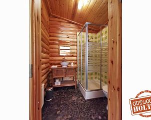 Gezellige badkamer in het Huisje in Holten, vakantiehuis in Holten, Salland. Houten interieur met moderne douche en wastafel.