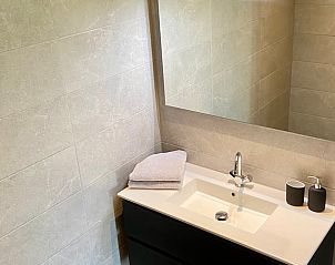 Stijlvolle wastafel en spiegel in badkamer van Vakantiehuisje in Raalte, Salland, Overijssel