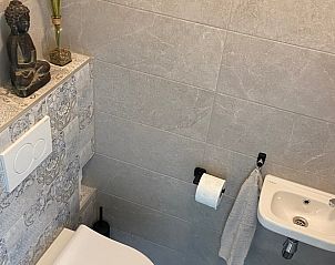 Netjes ingerichte badkamer met toilet in Vakantiehuisje in Raalte, Salland, Overijssel