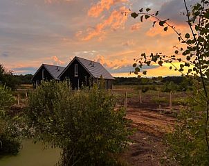 Vakantiehuis in Hellendoorn omgeven door groen bij zonsondergang in Salland, Overijssel.