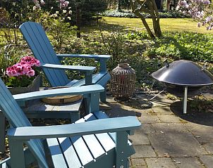 Zonnig terras bij Vakantiehuisje in Wesepe, genieten van de tuin in Salland, Overijssel.