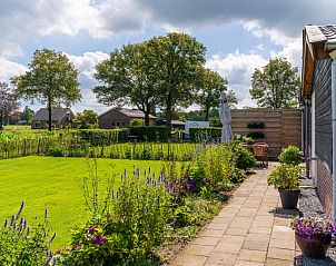 Zonnig terras bij vakantiehuis Regge en Weidezicht in Marle, Salland, Overijssel omgeven door bloeiende planten.