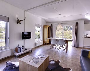 Lichte woonkamer van Vakantiehuis 4-persoons bos in Dalfsen met moderne inrichting en uitzicht op de natuur van de Vechtstreek, Overijssel.