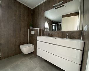 Luxe badkamer met dubbele wastafel in Just Nature MIVA vakantiewoning in Hardenberg, Overijssel.